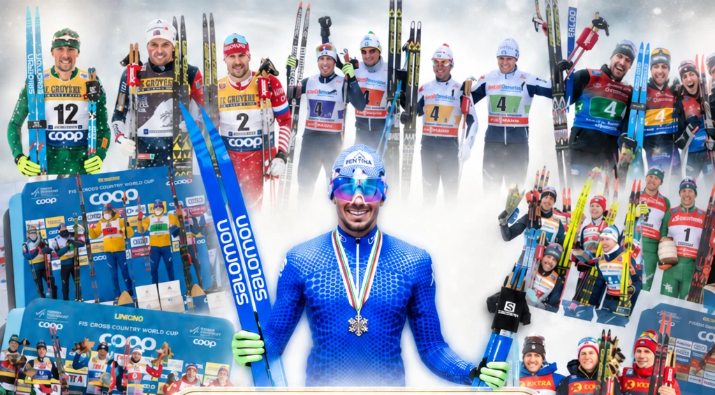 Francesco De Fabiani in azzurro, con la medaglia, circondato dai ricordi delle gare